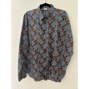 Brioni Men’s Shirt Long Sleeve Fitted Button Down Blue Brown Linen Cotton EUC L